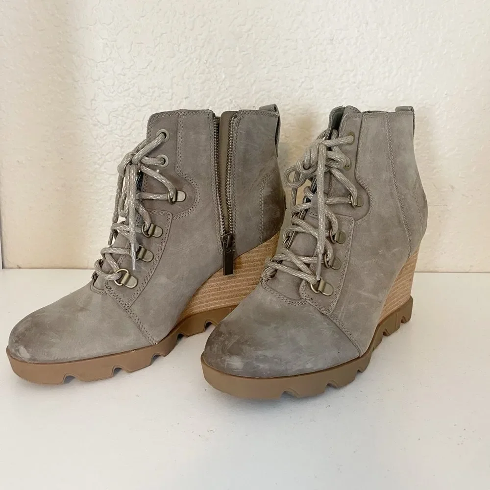 Sorel Joan Uptown Waterproof Wedge Bootie in mushroom. 8.5